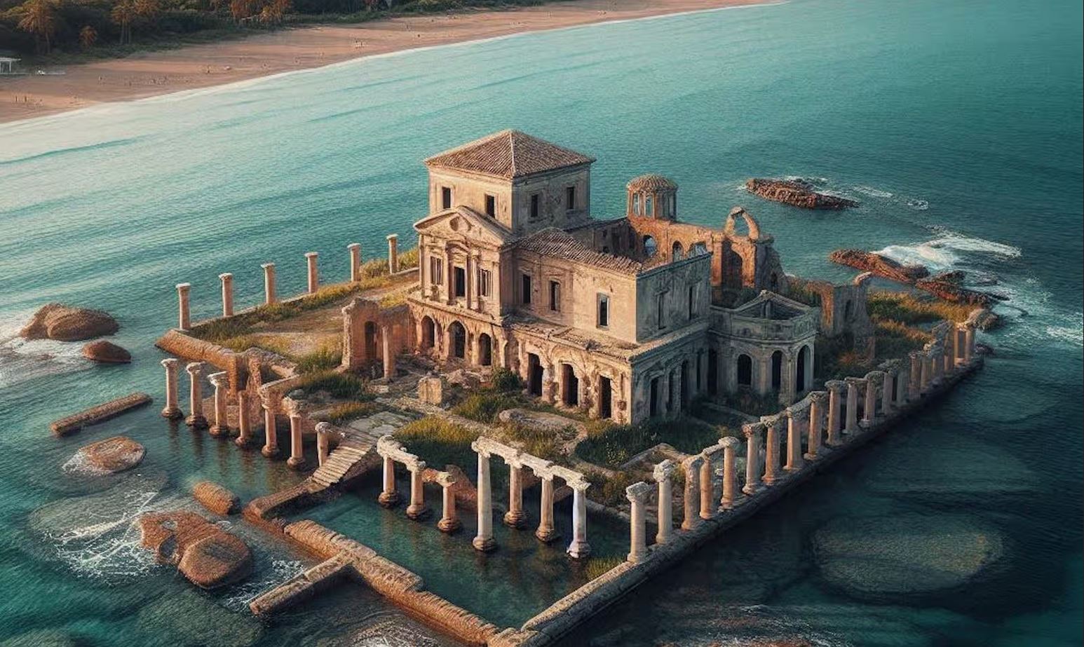 Villa romaine (structure circulaire), plage de Campo di Mare, dans la mer Adriatique, en Italie.